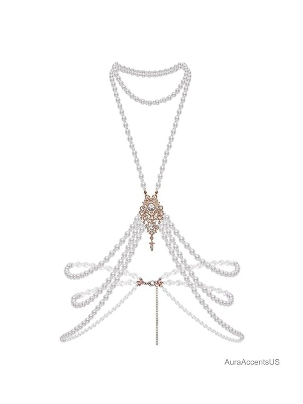 Vintage Multi-Layer Pearl Body Chain with Crystal Brooch for Gatsby Costume